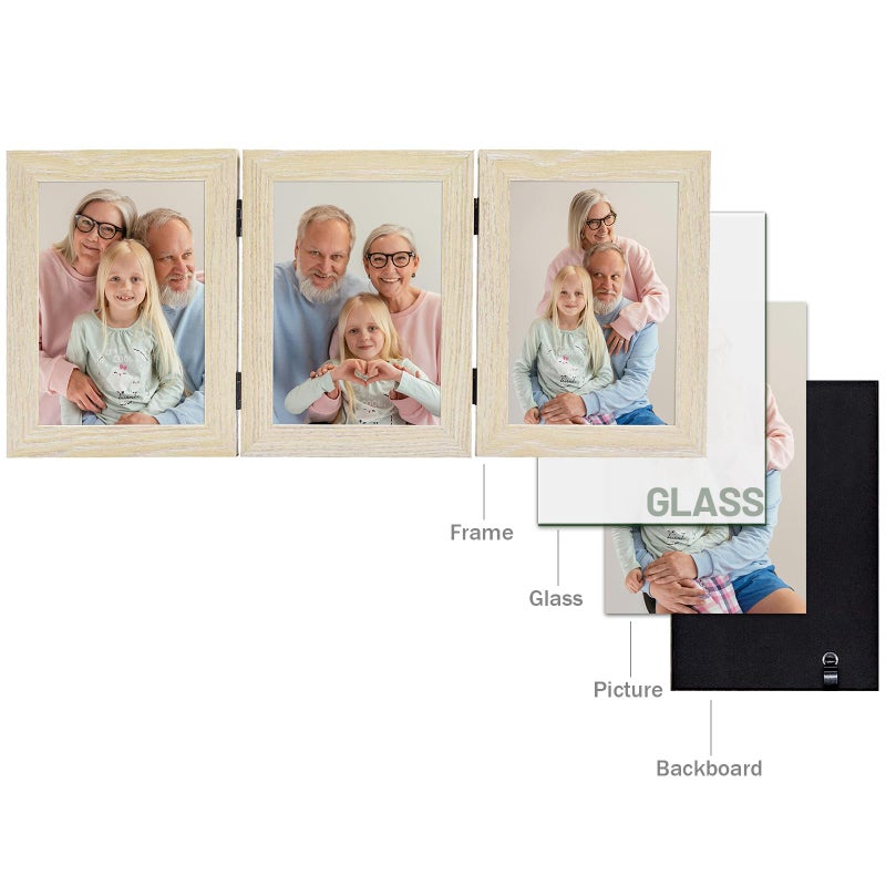 Frametory, 3 Picture Frames 5x7 Trifold Photo Frames Collage - Real Glass - Triple Folding (Natural, 1 Pack) - Image 3